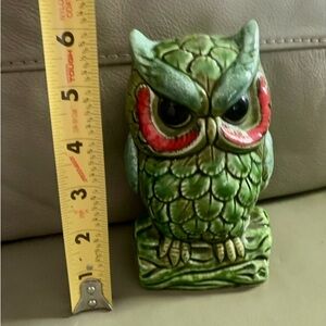 Brinn’s Owl Piggy Bank Retro 1970s green big eyed ceramic branch stopper Vintage